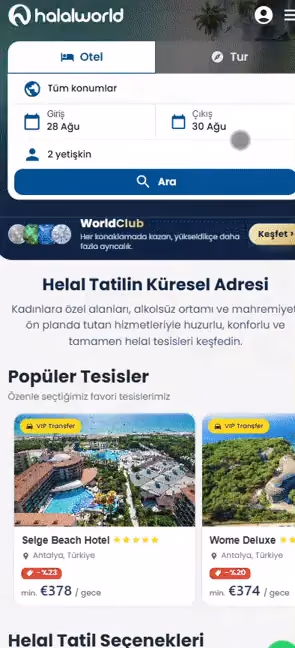 HalalWorld mobil otel arama ve içerik akışı