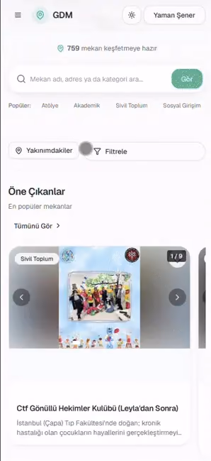 Genç Dostu Mekânlar mobil harita ve mekân keşif akışı