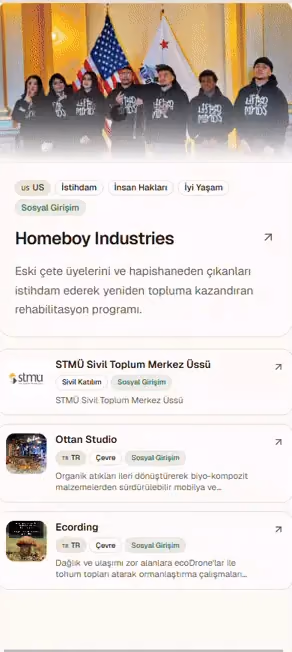Sosyal Girişimler Rehberi mobil keşif akışı